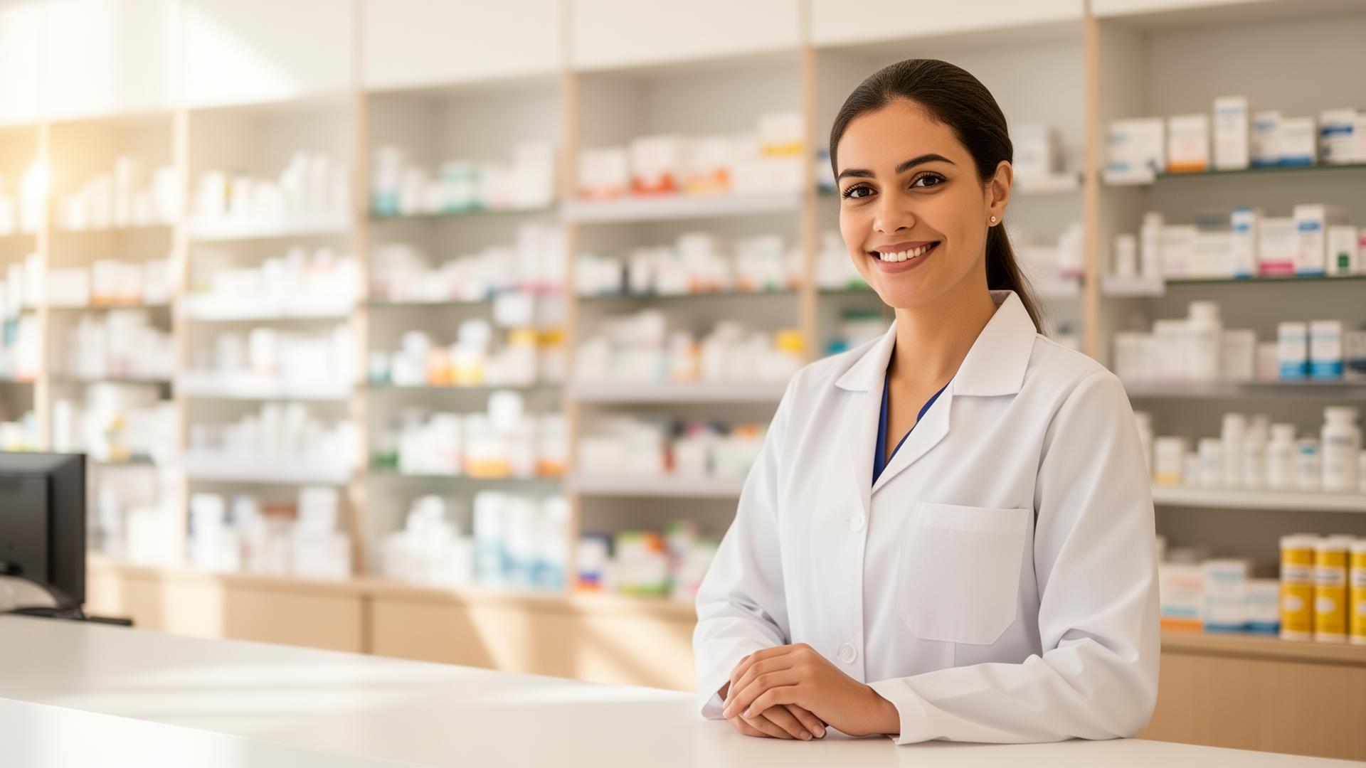 Farmacêutica sorrindo em farmácia moderna usando o sistema FarmaSync